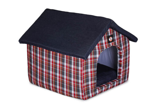 Barks & Wags Blue & Red Plaid Plush Hut Dog & Cat Bed